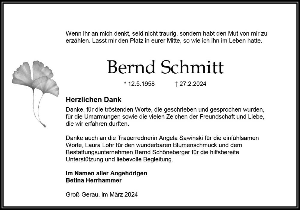  Traueranzeige für Bernd Schmitt vom 30.03.2024 aus Groß-Gerauer Echo