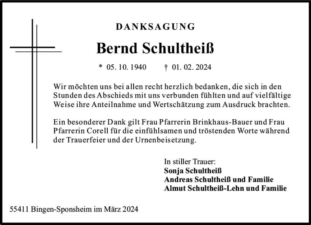  Traueranzeige für Bernd Schultheiß vom 23.03.2024 aus Allgemeine Zeitung Bingen/Ingelheim