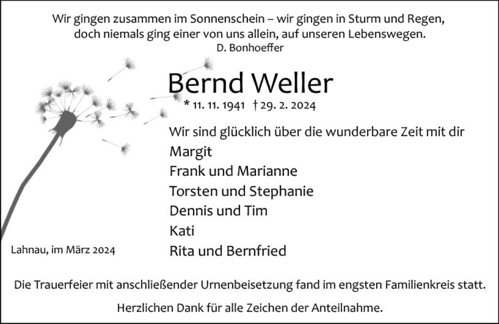 Traueranzeige für Bernd Weller vom 19.03.2024 aus Wetzlarer Neue Zeitung