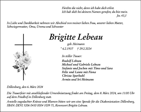 Traueranzeige von Brigitte Lebeau von Dill Block