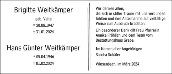 Traueranzeige von Brigitte Weitkämper von Hinterländer Anzeiger