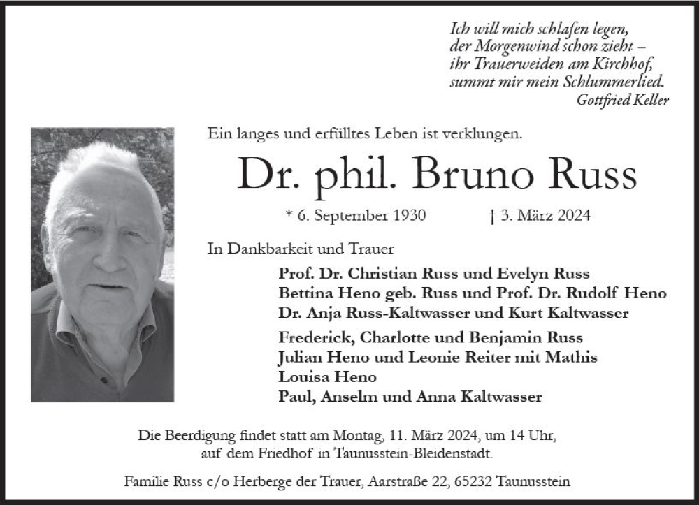  Traueranzeige für Bruno Russ vom 09.03.2024 aus Wiesbadener Kurier