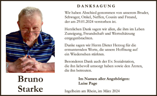 Traueranzeige von Bruno Starke von Allgemeine Zeitung Bingen/Ingelheim