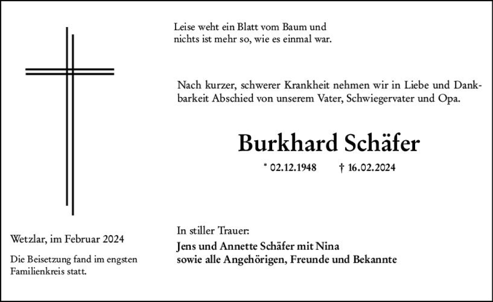  Traueranzeige für Burkhard Schäfer vom 02.03.2024 aus Wetzlarer Neue Zeitung