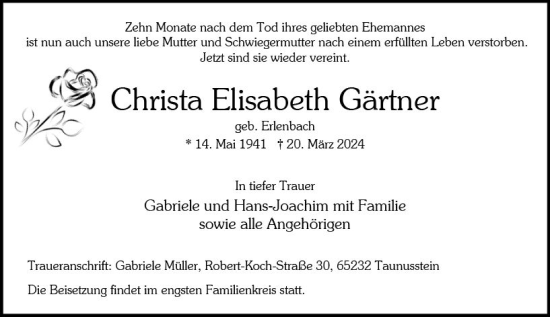 Traueranzeige von Christa Elisabeth von Wiesbadener Kurier