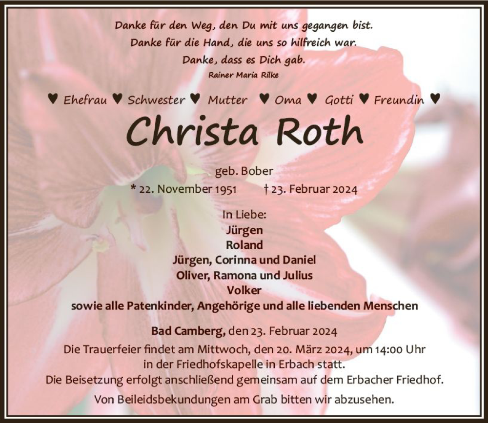 Traueranzeige für Christa Roth vom 14.03.2024 aus Camberger Anzeiger