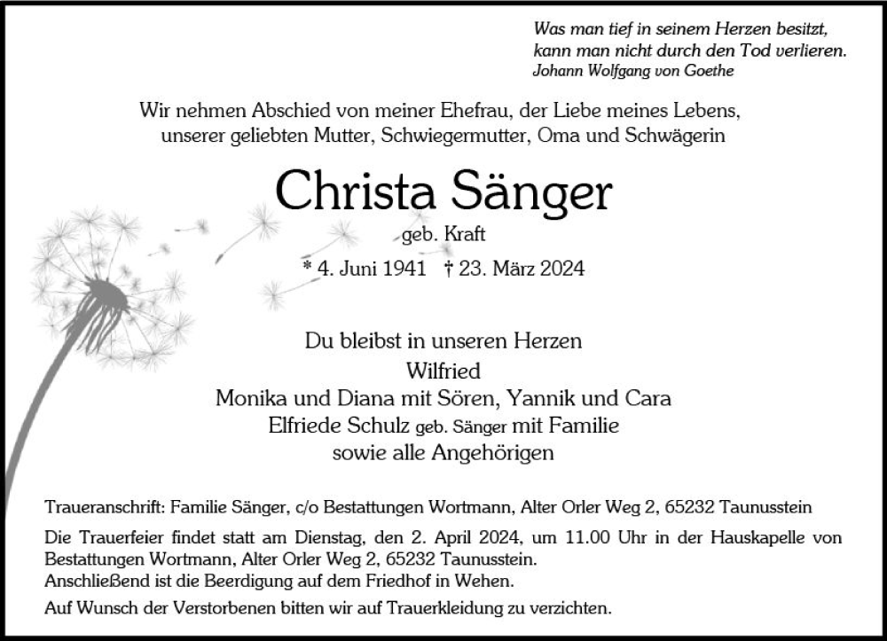  Traueranzeige für Christa Sänger vom 30.03.2024 aus Wiesbadener Kurier