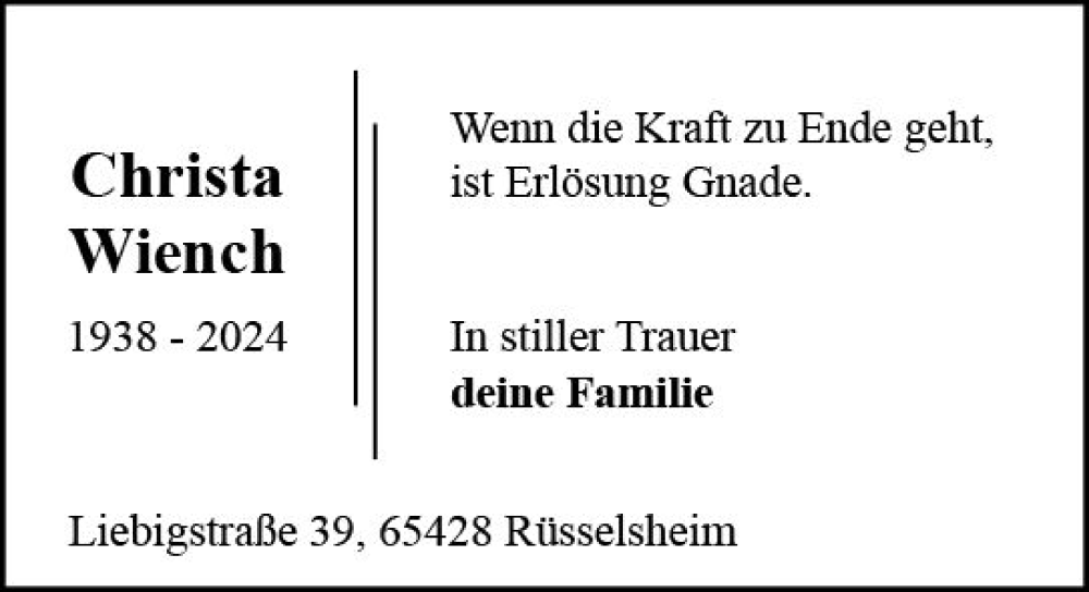  Traueranzeige für Christa Wiench vom 09.03.2024 aus Rüsselsheimer Echo