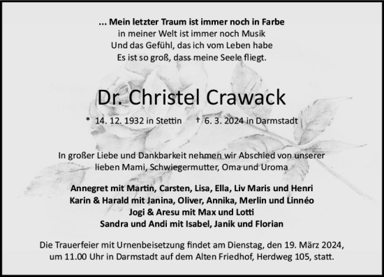 Traueranzeige von Christel Crawack von Darmstädter Echo