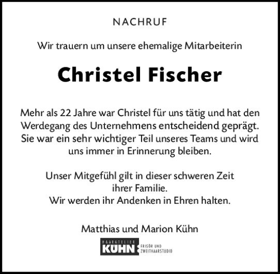 Traueranzeige von Christel Fischer von Wetzlarer Neue Zeitung