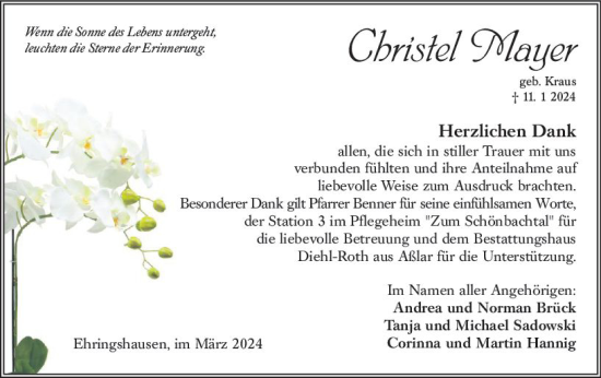 Traueranzeige von Christel Mayer von Wetzlarer Neue Zeitung