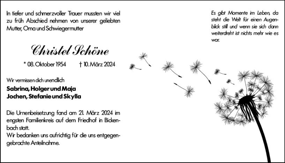  Traueranzeige für Christel Schöne vom 30.03.2024 aus Bergsträßer Anzeiger