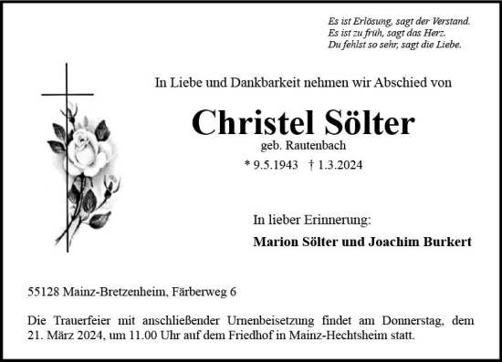Traueranzeige von Christel Sölter von Allgemeine Zeitung Mainz