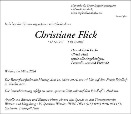 Traueranzeige von Christiane Flick von Dill Block