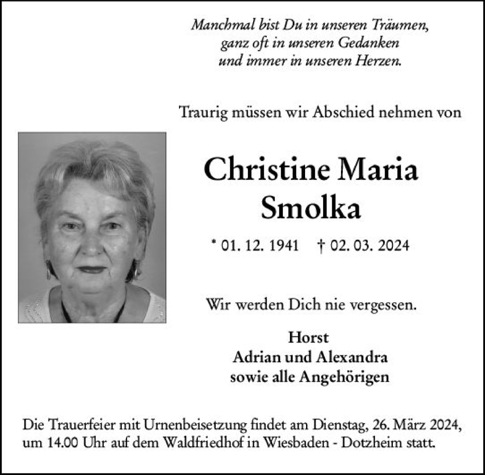  Traueranzeige für Christine Maria Smolka vom 16.03.2024 aus Wiesbadener Kurier