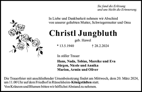 Traueranzeige von Christl Jungbluth von Rüsselsheimer Echo