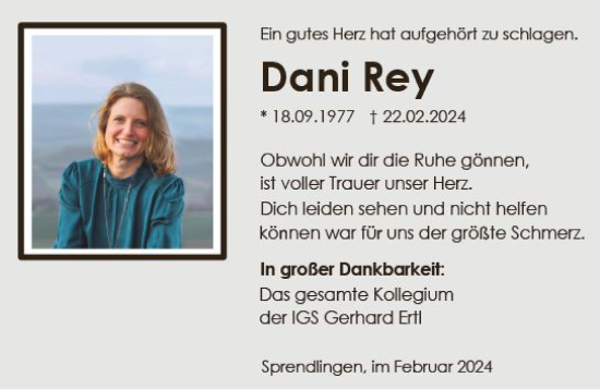 Traueranzeige von Dani Rey von Allgemeine Zeitung Bingen/Ingelheim