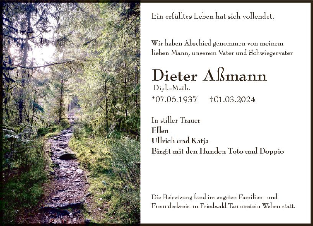  Traueranzeige für Dieter Aßmann vom 30.03.2024 aus Idsteiner Land/Untertaunus