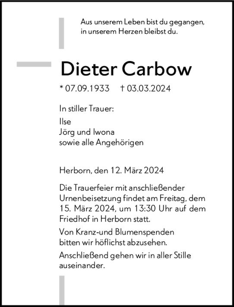  Traueranzeige für Dieter Carbow vom 12.03.2024 aus Dill Block
