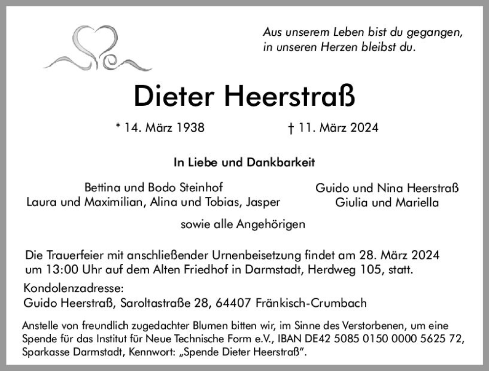  Traueranzeige für Dieter Heerstraß vom 23.03.2024 aus Odenwälder Echo