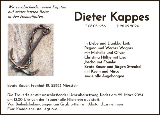 Traueranzeige von Dieter Kappes von Allgemeine Zeitung Mainz