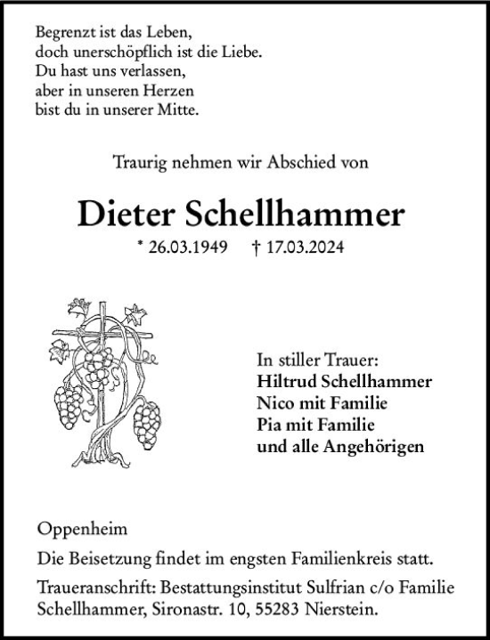 Traueranzeige von Dieter Schellhammer von Allgemeine Zeitung Mainz