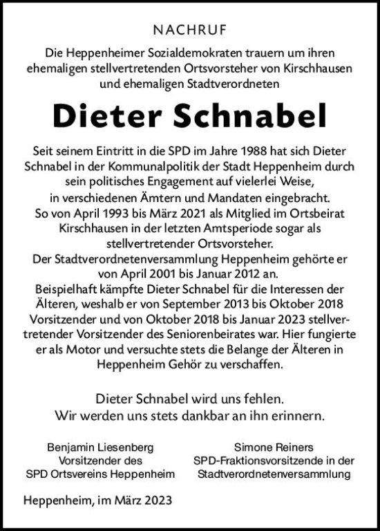Traueranzeige von Dieter Schnabel von Starkenburger Echo