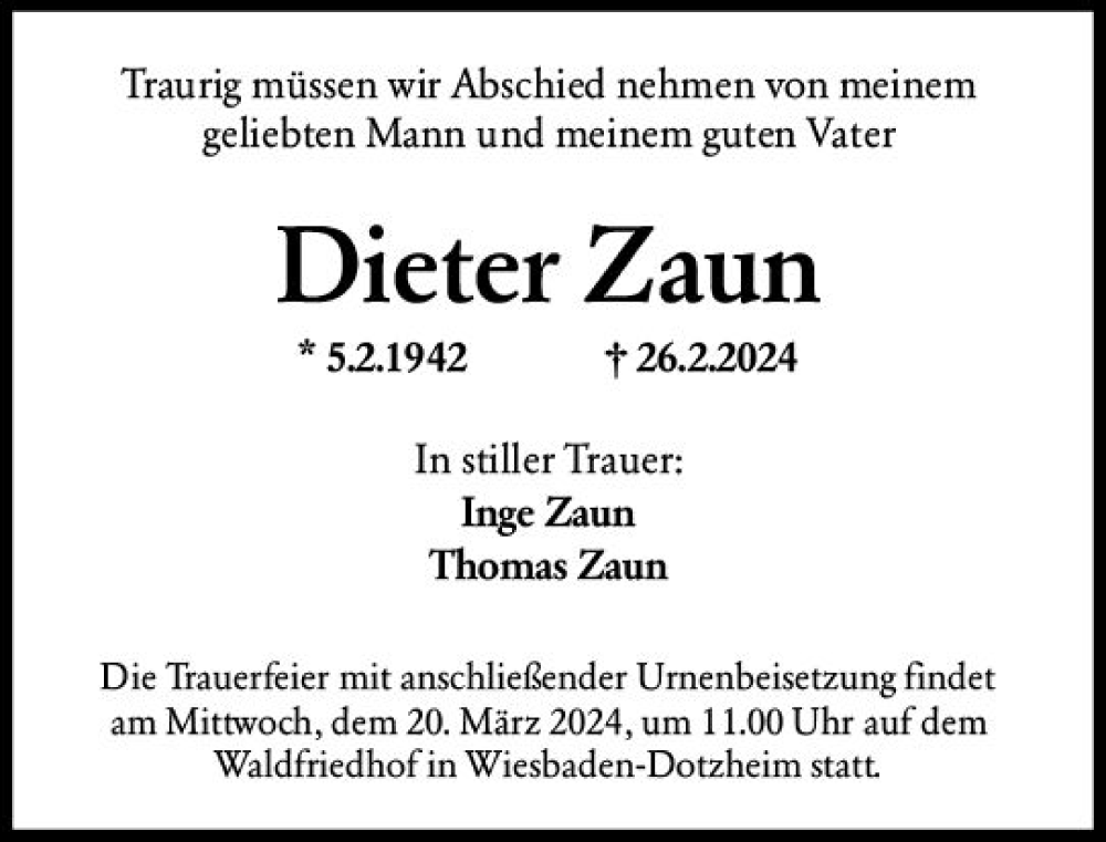  Traueranzeige für Dieter Zaun vom 16.03.2024 aus Wiesbadener Kurier