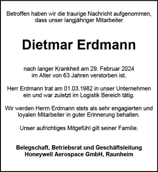 Traueranzeige von Dietmar Erdmann von Rüsselsheimer Echo