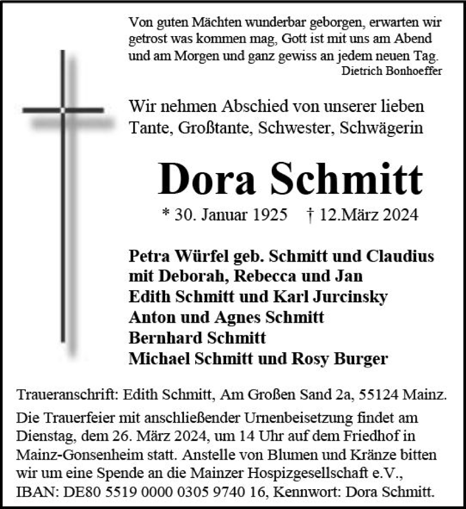  Traueranzeige für Dora Schmitt vom 23.03.2024 aus Allgemeine Zeitung Mainz