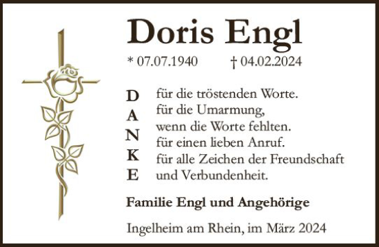 Traueranzeige von Doris Engl von Allgemeine Zeitung Bingen/Ingelheim