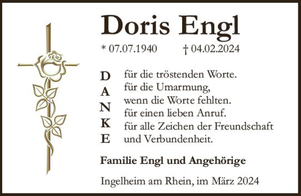  Traueranzeige für Doris Engl vom 09.03.2024 aus Allgemeine Zeitung Bingen/Ingelheim