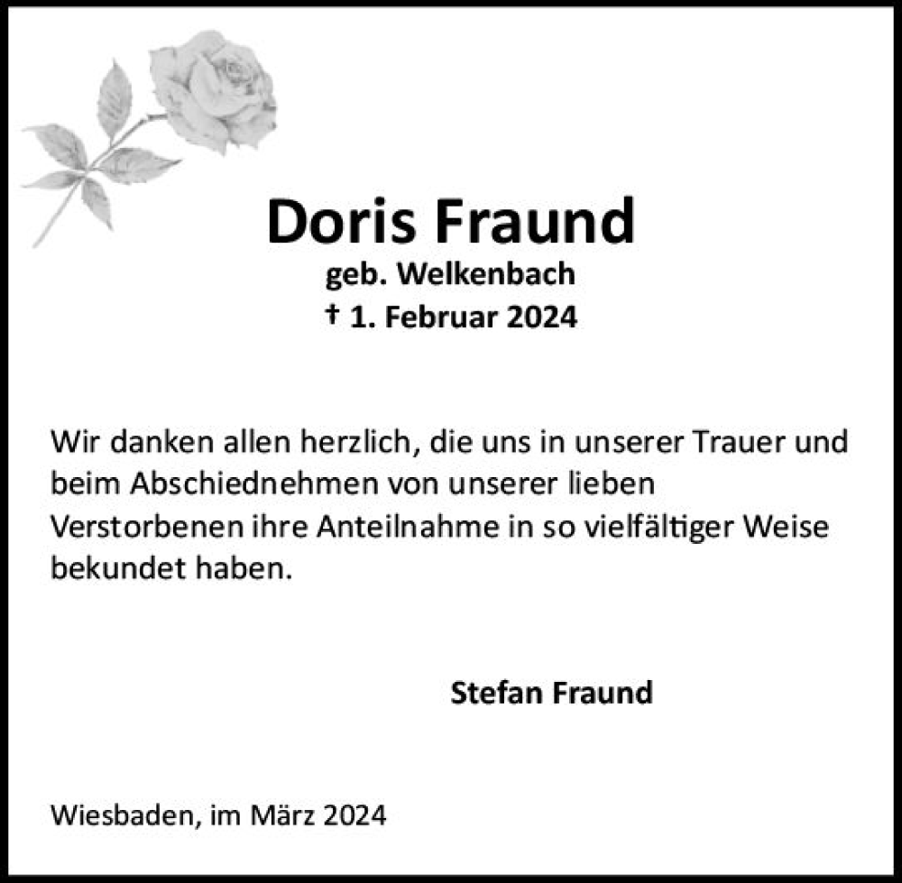  Traueranzeige für Doris Fraund vom 09.03.2024 aus Wiesbadener Kurier
