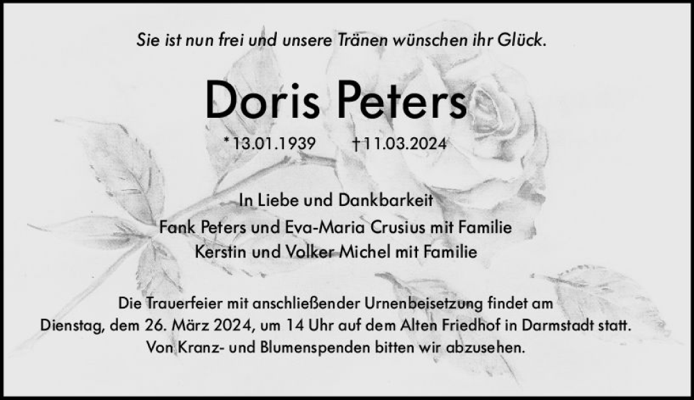  Traueranzeige für Doris Peters vom 16.03.2024 aus Darmstädter Echo