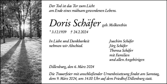 Traueranzeige von Doris Schäfer von Dill Block