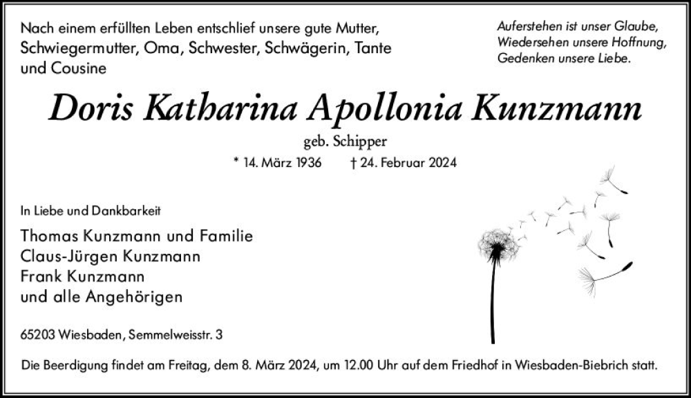  Traueranzeige für Doris Katharina Apollonia Kunzmann vom 02.03.2024 aus Wiesbadener Kurier