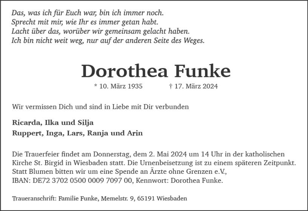  Traueranzeige für Dorothea Funke vom 23.03.2024 aus Wiesbadener Kurier