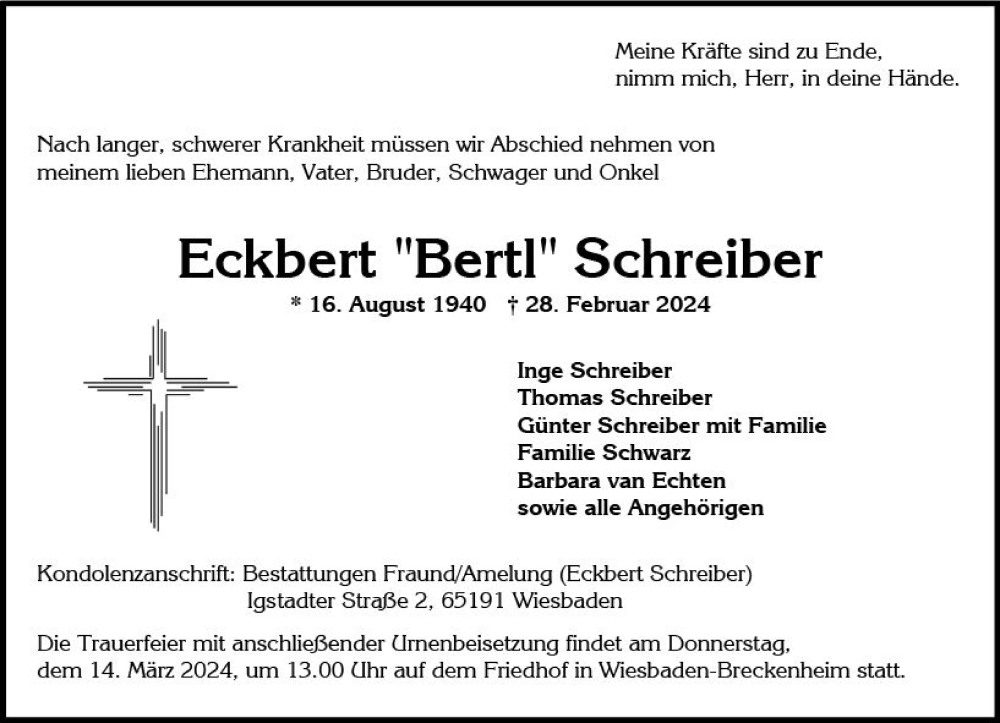  Traueranzeige für Eckbert Schreiber vom 09.03.2024 aus Wiesbadener Kurier