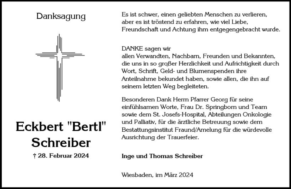  Traueranzeige für Eckbert Schreiber vom 30.03.2024 aus Wiesbadener Kurier