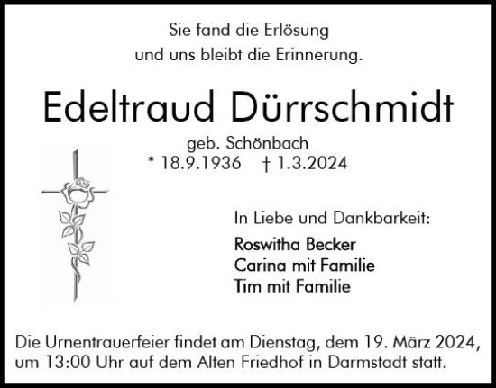 Traueranzeige von Edeltraud Dürrschmidt von Darmstädter Echo