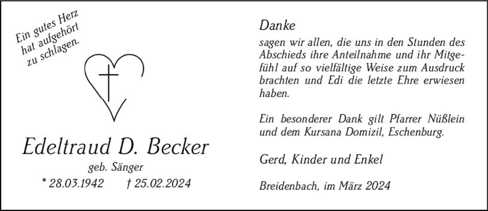  Traueranzeige für Edeltraud D. Becker vom 30.03.2024 aus Hinterländer Anzeiger