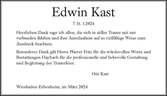 Traueranzeige von Edwin Kast von Wiesbadener Kurier