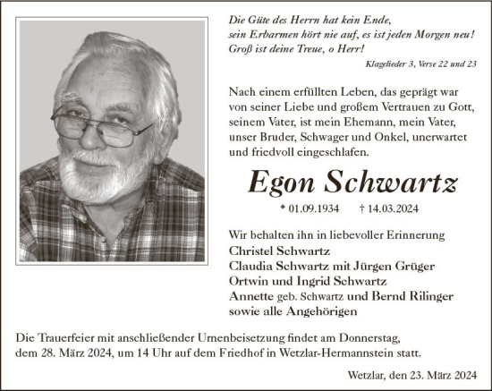 Traueranzeige von Egon Schwartz von Wetzlarer Neue Zeitung