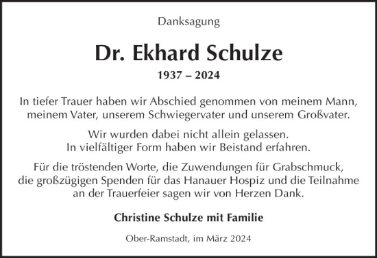 Traueranzeige von Ekhard Schulze von Darmstädter Echo