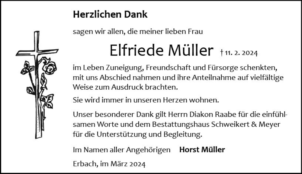  Traueranzeige für Elfriede Müller vom 16.03.2024 aus Odenwälder Echo