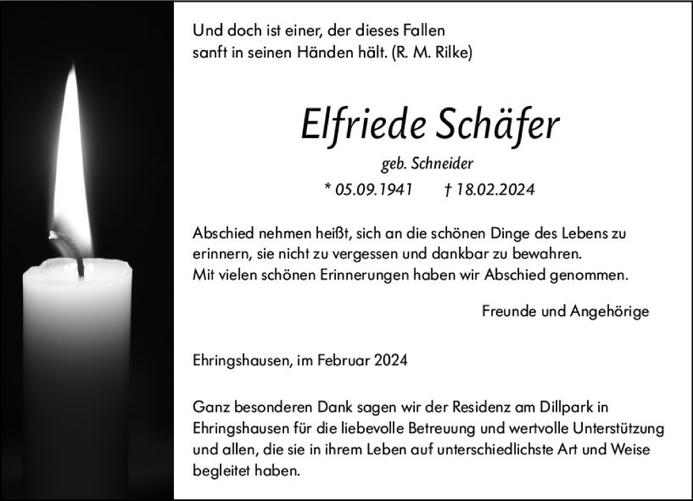  Traueranzeige für Elfriede Schäfer vom 04.03.2024 aus Wetzlarer Neue Zeitung
