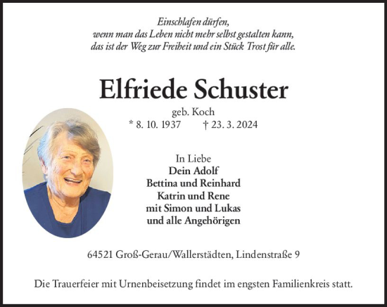 Traueranzeige von Elfriede Schuster von Groß-Gerauer Echo
