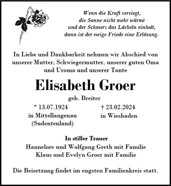 Traueranzeige von Elisabeth Groer von Wiesbadener Kurier