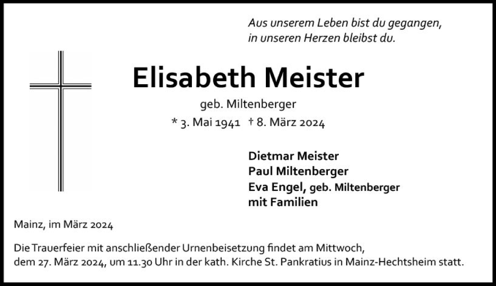  Traueranzeige für Elisabeth Meister vom 23.03.2024 aus Allgemeine Zeitung Mainz