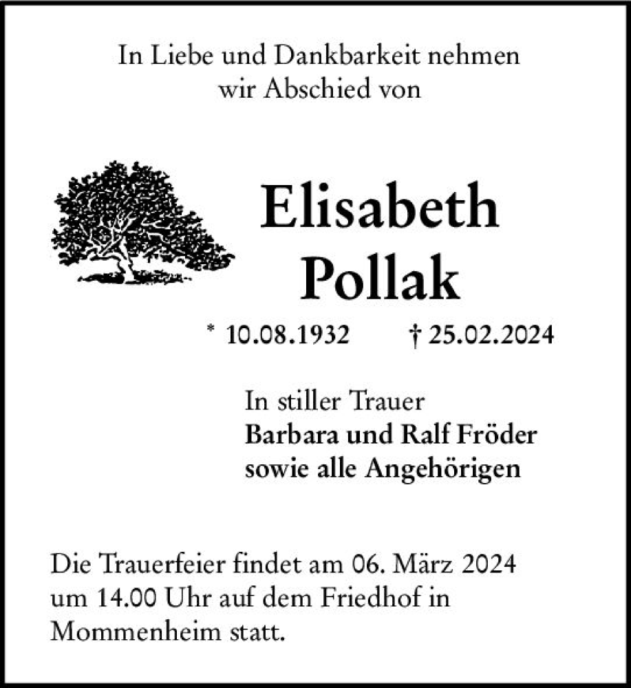  Traueranzeige für Elisabeth Pollak vom 02.03.2024 aus Allgemeine Zeitung Mainz